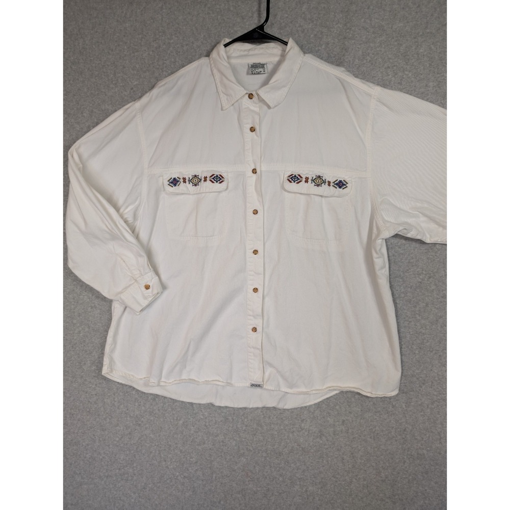 Vintage Jordache Top Womens‎ 1X Longsleeve Button Embroidered Southwestern White